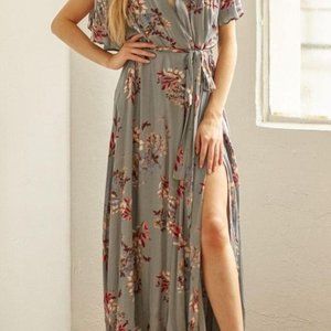 lalavon Maxi Dress with flutter sleeves, Sage green with floral print